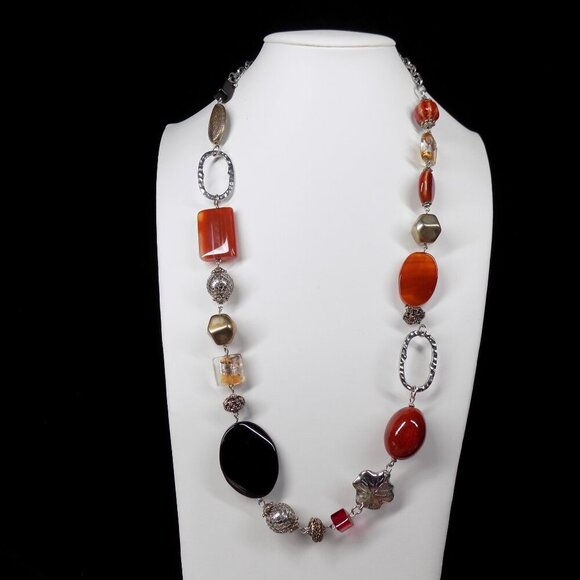 Premier Designs Long Necklace Black Orange Carnelian Agate Gemstone Silver-tone - Picture 3 of 13